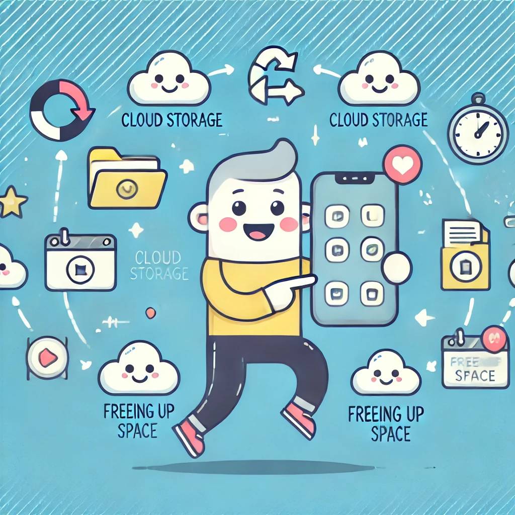 A bright, cartoon-style illustration featuring a cheerful character holding a smartphone, with icons representing app storage and a cloud icon symbolizing cloud storage. The image includes arrows pointing to free space, highlighting the concept of fixing storage issues on a phone. The design is clean and engaging, with minimal text, emphasizing the ease of managing storage.