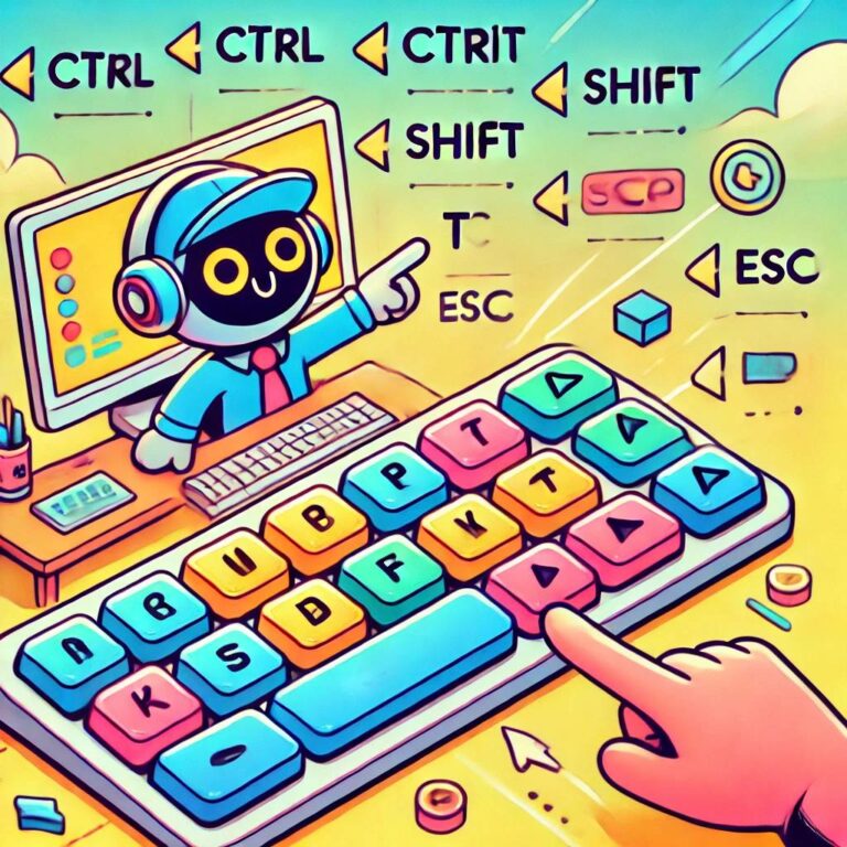 Un'illustrazione colorata in stile cartone animato che mostra una postazione da computer con una tastiera, evidenziando i tasti delle scorciatoie come Ctrl, Shift, T ed Esc. Un simpatico personaggio robot interagisce con la tastiera, dimostrando le scorciatoie. Il design è vivace e coinvolgente, con frecce che puntano ai tasti, creando un'atmosfera educativa e divertente. Lo sfondo è chiaro e semplice, mantenendo l'attenzione sui tasti e le scorciatoie.