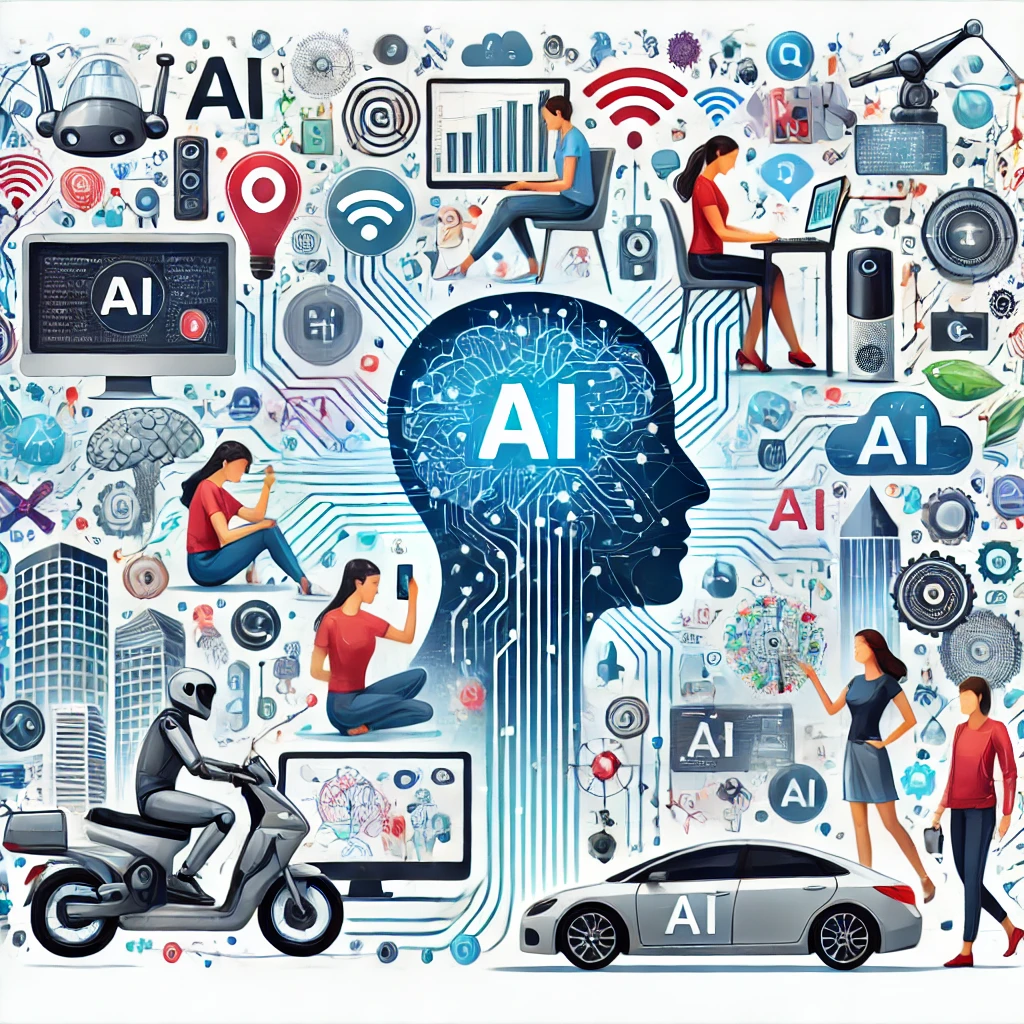 Illustration depicting Artificial Intelligence (AI) in everyday life, featuring diverse individuals interacting with AI technologies such as voice assistants, smart devices, and self-driving cars. The image includes abstract neural networks, data streams, and a futuristic cityscape background, symbolizing the integration of AI into daily routines