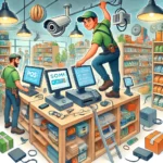 A colorful, cartoon-style illustration of an IT professional setting up technology in a retail store. The scene includes shelves stocked with products, a cash register, and visible security cameras. The IT professional, dressed in casual attire, is actively working on a POS system and connecting cables. The lively and engaging environment captures the essence of a busy retail space, highlighting the critical role of IT setup in store operations.