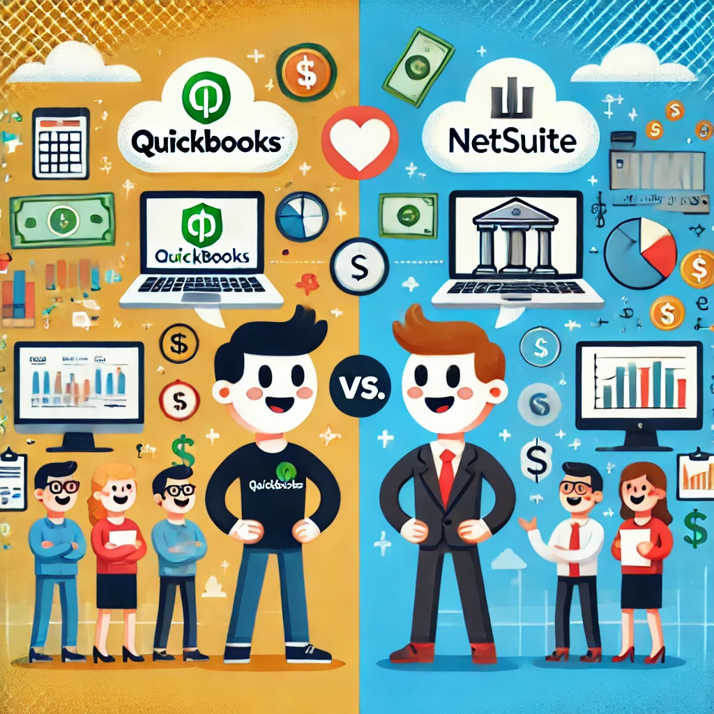 Cartoon-style illustration showing a friendly competition between QuickBooks and NetSuite. On the left, a character symbolizing QuickBooks is surrounded by small business elements like a simple laptop, charts, and dollar signs. On the right, a character representing NetSuite is shown with multiple screens, enterprise icons, and complex financial symbols, reflecting advanced business management. The scene captures the distinct strengths of each software in a colorful, engaging, and professional style.