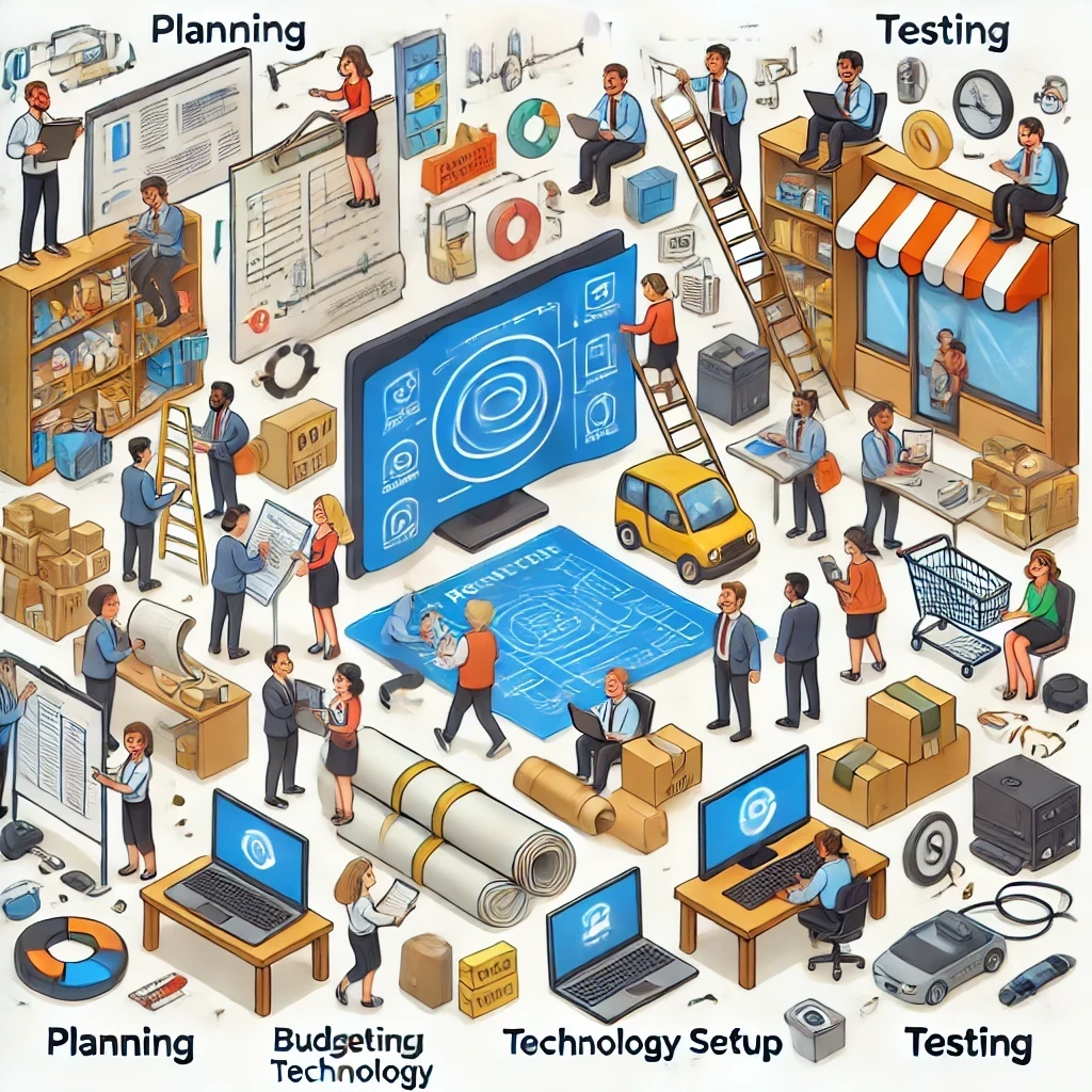 A cartoon-style illustration depicting the IT project management process for retail chains. The scene features diverse characters working in a fun, simplified setting, showing phases like planning, budgeting, technology setup, testing, and training. The characters are interacting with oversized blueprints, checklists, computers, and testing devices in a lighthearted, modern office environment filled with charts, sticky notes, and cables, illustrating a collaborative and engaging project coordination atmosphere.