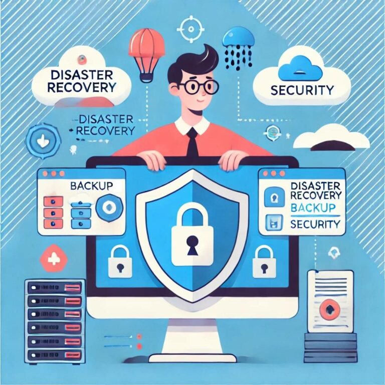 A bright, cartoon-style illustration featuring a central character shielding a computer screen displaying security symbols like locks and clouds. The design emphasizes protection and IT recovery, with a clean, minimalist background and vibrant colors that make the character and elements stand out. The image focuses on themes of disaster recovery and digital security, without any distracting details on the sides, creating a visually engaging and click-bait appeal suitable for an IT-themed blog.