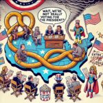 A humorous cartoon-style illustration of the Electoral College, featuring a quirky, exaggerated U.S. map. In the center, electors are sitting at a desk labeled "Wyoming," surrounded by a pretzel-shaped path winding through the states. A character dressed as a superhero stands on Wyoming, symbolizing extra voting power, while other electors sit on the path, representing different states. A speech bubble says, "Wait, we're not really voting for the president?" In the background, a tornado swirls ballots and American flags. The overall mood is playful, emphasizing the complexities and oddities of the Electoral College system.