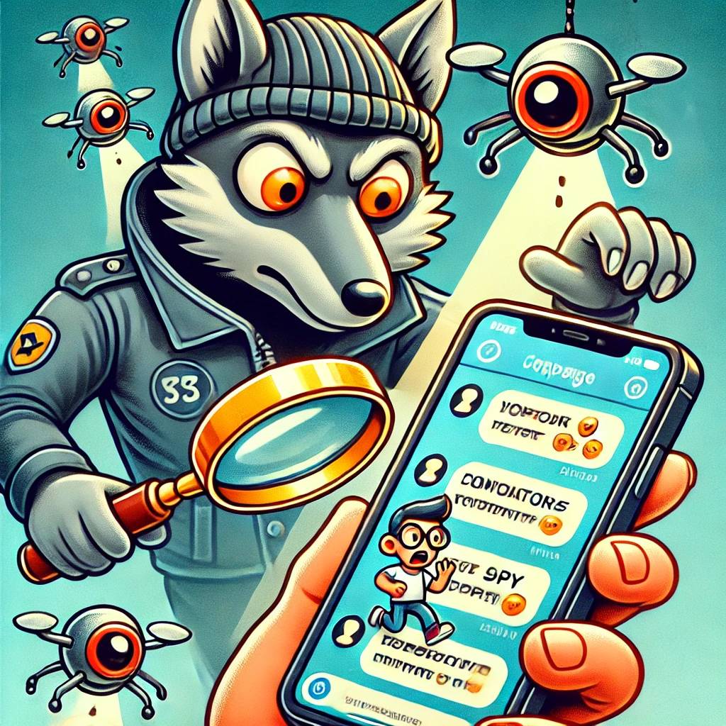 "Cartoon-style illustration depicting a wolf in sheep's clothing representing a messaging app, holding a magnifying glass over a phone with drones flying out, symbolizing privacy invasion. A concerned user holds their phone with a shield icon above it, indicating an attempt to protect their data. The image conveys a cautionary message about digital privacy and security."