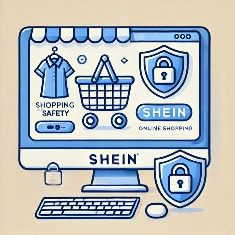 Minimalist cartoon-style illustration featuring a shopping cart with clothing items and the Shein logo on a computer screen. Security symbols like a padlock subtly represent online safety, with a clean and simple two-color design, avoiding highlights for a sleek and modern look