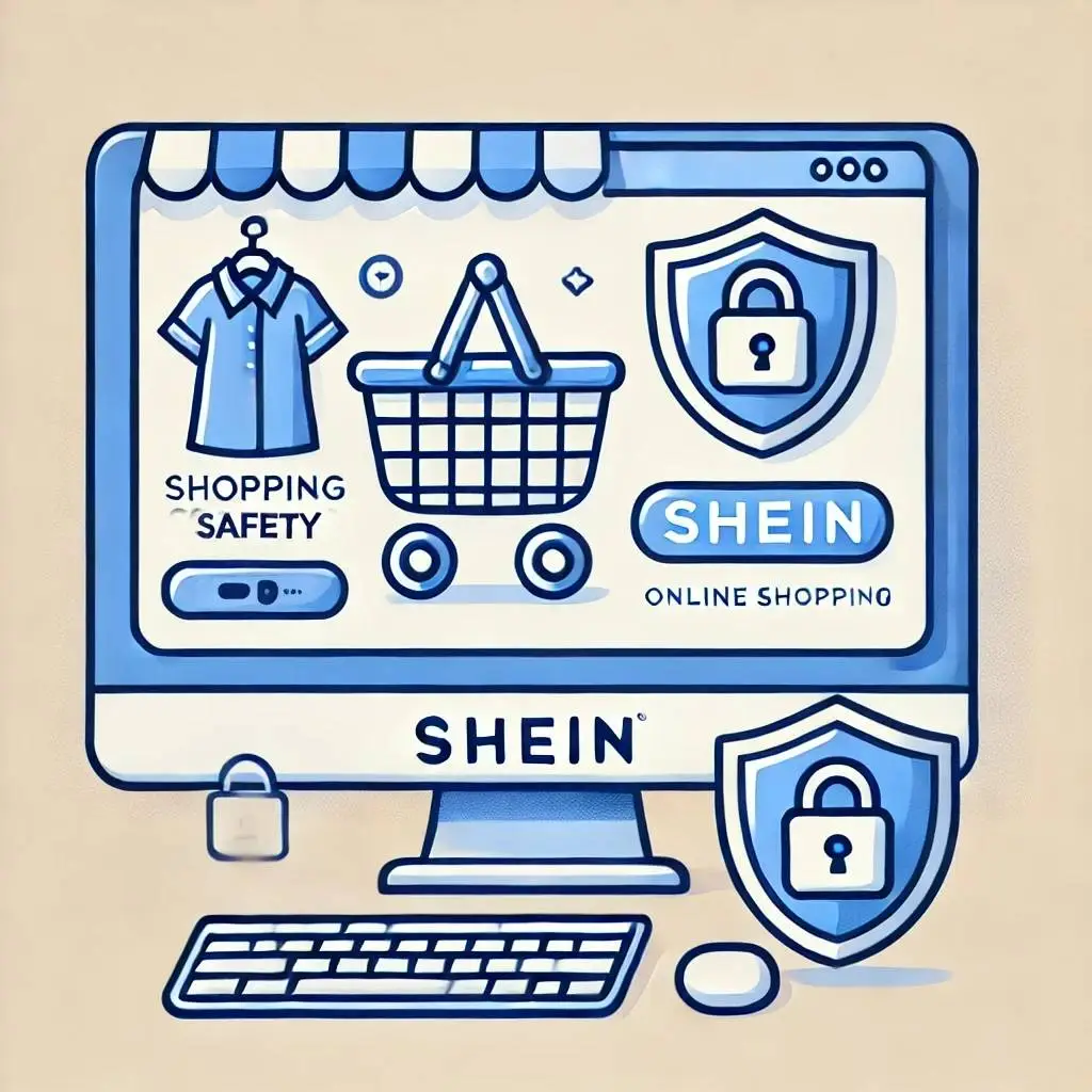 Minimalist cartoon-style illustration featuring a shopping cart with clothing items and the Shein logo on a computer screen. Security symbols like a padlock subtly represent online safety, with a clean and simple two-color design, avoiding highlights for a sleek and modern look