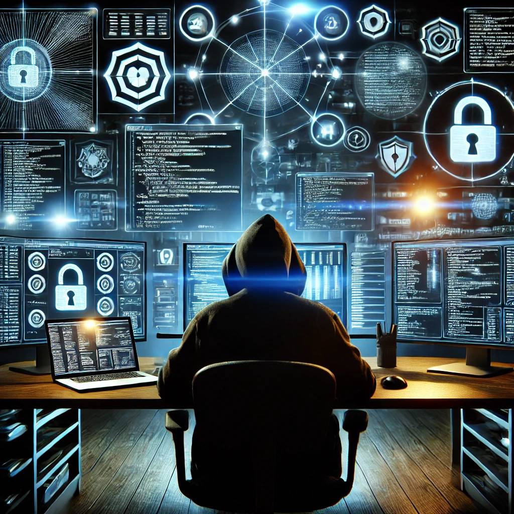 A dimly lit room with a hacker sitting calmly in front of multiple computer screens displaying streams of code and security breach attempts. The hacker is focused, surrounded by modern technology and tools typically used by ethical hackers. In the background, digital elements like glowing locks, shields, and firewalls subtly represent strong security defenses. The scene conveys the tension and intensity of a high-tech cybersecurity challenge.