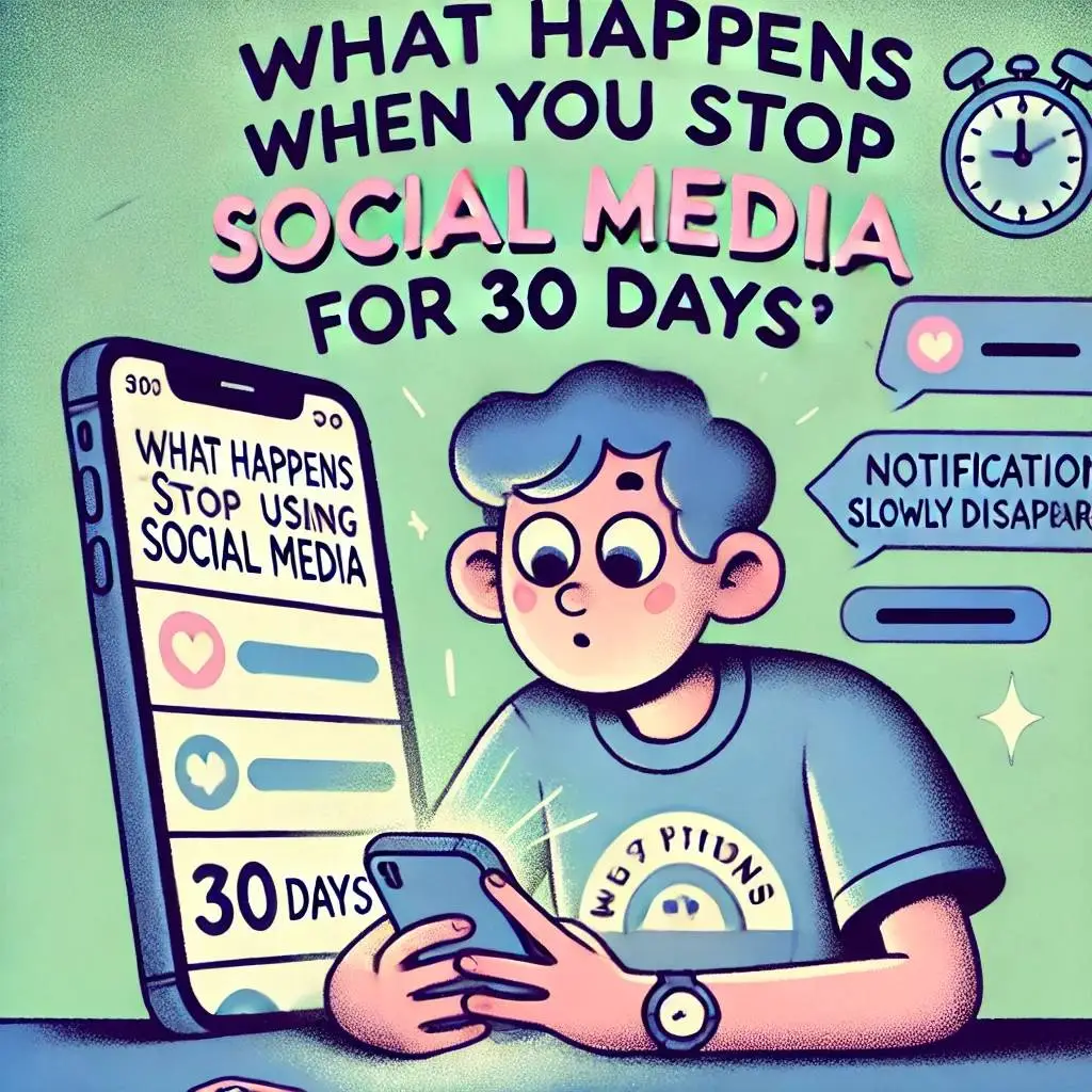 A colorful cartoon-style illustration of a person calmly placing their phone aside, with bold text reading, "What Happens When You Stop Using Social Media for 30 Days?". The person has a balanced expression of relief and curiosity, sitting with a clock in the background to symbolize the passage of time, while notifications fade away. The image uses soft colors and is designed to be inviting and eye-catching, portraying a peaceful break from digital life.