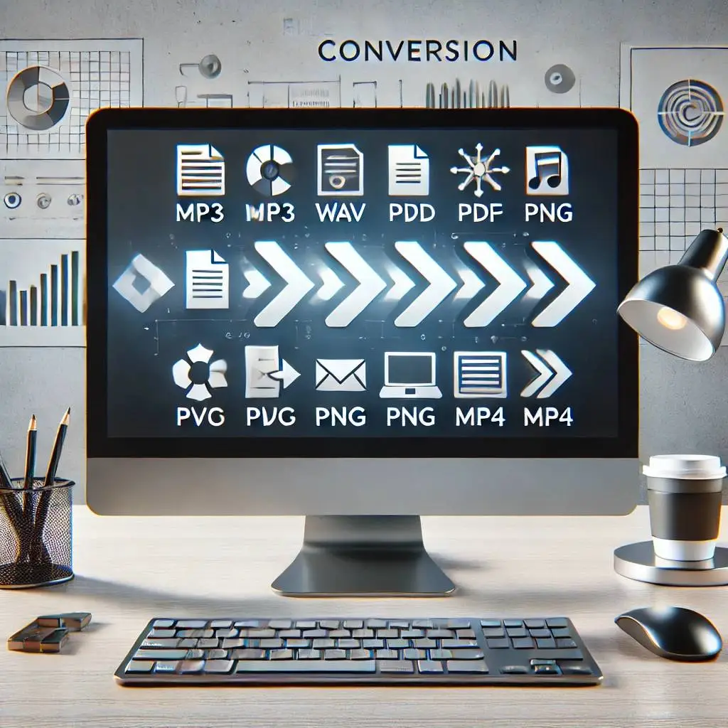 This image showcases a sleek, modern workspace with a computer monitor displaying various file format icons (MP3, WAV, PDF, PNG, MP4), connected by arrows representing easy conversions between formats. The background includes a minimalist desk setup with a keyboard, mouse, and coffee cup, creating a tech-savvy and organized environment focused on productivity. The image conveys simplicity and efficiency in digital workflows, emphasizing quick file conversion processes.