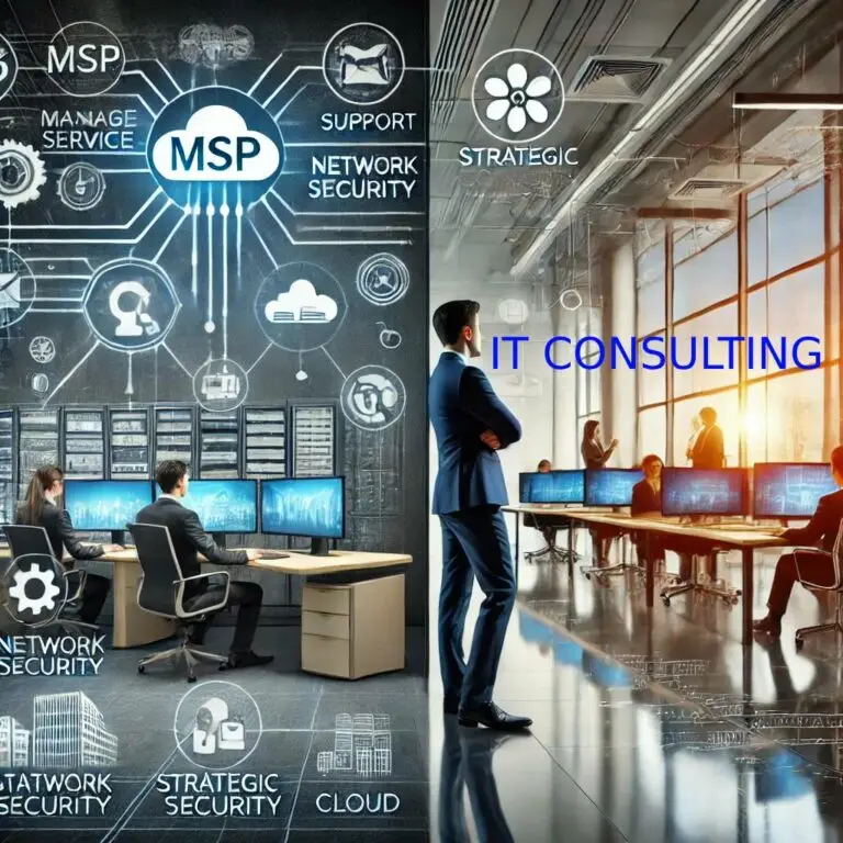 A modern office setting divided into two sections. On the left side, multiple screens display IT support dashboards, network security tools, and cloud management software, representing the Managed Service Provider (MSP) role. On the right side, a professional sits at a desk with documents, charts, and planning tools, symbolizing the IT Consulting role, focusing on strategic IT planning and project management. The overall environment is sleek and professional, with technology and business elements throughout.