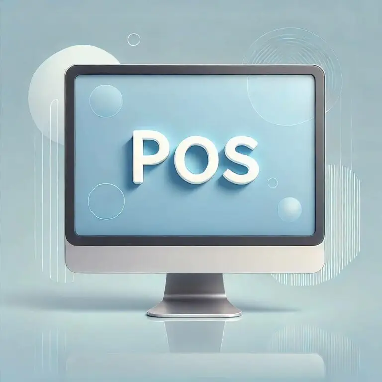 A semi-realistic illustration of a modern computer monitor with "POS" written in bold letters on the screen. The monitor has a sleek design with subtle reflections, and the background features soft gradients of light blue and white, giving the image a clean and professional look. The overall vibe is tech-focused yet approachable, with a minimalistic and polished aesthetic.