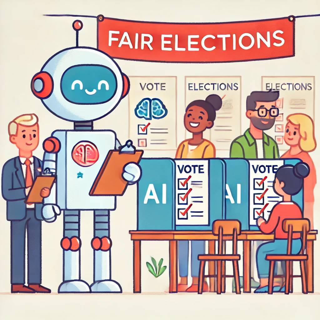 The image shows a lighthearted and cartoonish illustration of artificial intelligence (AI) assisting in an election. A friendly robot with a clipboard is overseeing a voting booth, where a diverse group of happy voters is casting their ballots. The voting machines feature small AI icons, symbolizing their AI-powered technology. In the background, a banner reads "Fair Elections," and a few campaign posters are visible on the wall. The style is colorful, playful, and simple, evoking a positive, futuristic tone for AI's role in ensuring fair voting.