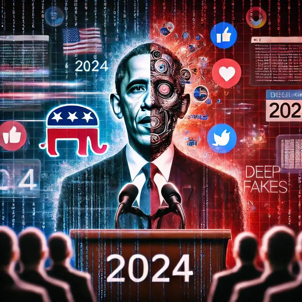 A symbolic representation of deepfakes in politics for 2024, featuring a split-screen of a politician. The left side of the image shows a realistic figure in a suit at a podium with the year 2024 visible. The right side transitions into a cyborg-like, digitized version, symbolizing AI manipulation. In the background, digital elements like social media icons, binary code, and deepfake-related imagery suggest the spread of misinformation. The color palette uses blue on the left and red on the right, adding to the sense of division and digital distortion