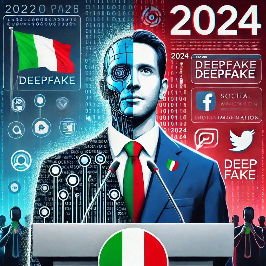 Una rappresentazione simbolica dei deepfake nella politica italiana per il 2024, con uno schermo diviso che mostra un politico. Sul lato sinistro, l'immagine raffigura una figura realistica in abito, davanti a un podio con l'anno 2024 visibile. Il lato destro si trasforma in una versione cibernetica e digitalizzata, simboleggiando la manipolazione tramite intelligenza artificiale. Sullo sfondo, ci sono elementi della politica italiana come la bandiera italiana e icone digitali come i social media e il codice binario, a rappresentare la diffusione della disinformazione. La palette di colori è divisa in tonalità di blu e rosso, con accenni di verde e bianco che richiamano la bandiera italiana.