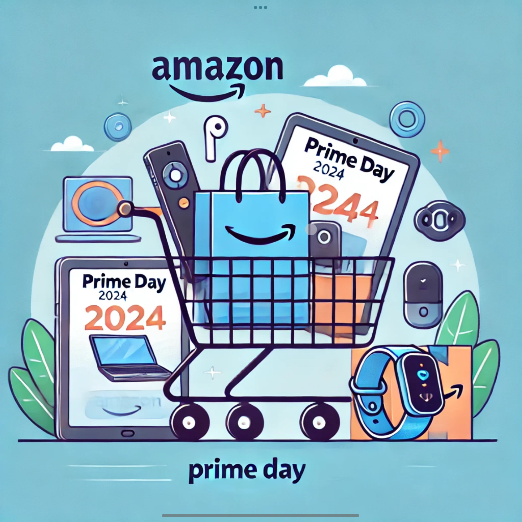 A clean and minimal cartoon-style illustration featuring a shopping cart filled with tech gadgets such as a laptop, smart home devices, and wireless earbuds. The Amazon logo is displayed on or near the cart, emphasizing the connection to Amazon Prime Day. The design is simple, with bright colors and a focus on the tech products and the Amazon logo.