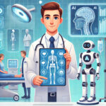 Cartoon-style illustration of a doctor in a futuristic hospital setting, interacting with an AI interface on a tablet. The background features robotic medical assistants and holographic medical displays showing human anatomy and data. The scene represents the integration of AI technology in diagnostics and healthcare operations, with vibrant blue and white tones highlighting a high-tech, modern medical environmenT