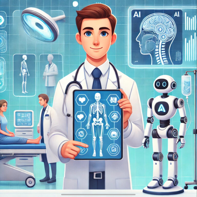 Cartoon-style illustration of a doctor in a futuristic hospital setting, interacting with an AI interface on a tablet. The background features robotic medical assistants and holographic medical displays showing human anatomy and data. The scene represents the integration of AI technology in diagnostics and healthcare operations, with vibrant blue and white tones highlighting a high-tech, modern medical environmenT