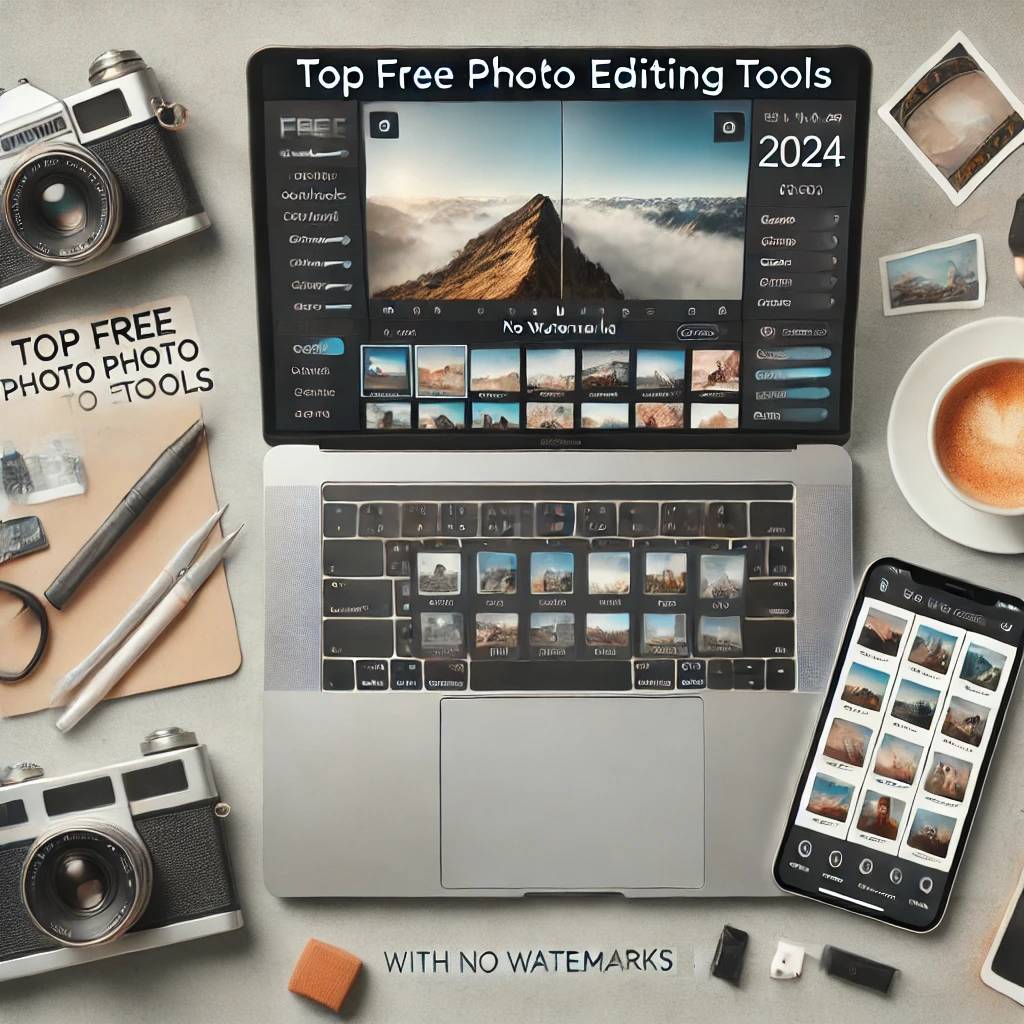 A featured image for an article titled 'Top Free Photo Editing Tools with No Watermarks_ Best Apps and Software for 2024.' The image shows a modern,