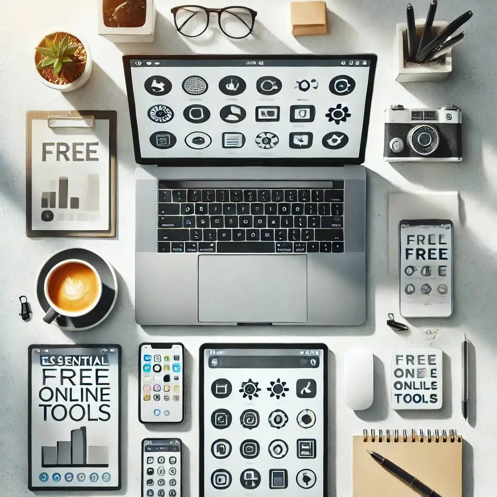 A top-down view of a clean, modern desk setup with a laptop open on a productivity dashboard, a smartphone showing an app, and a tablet with a digital document open. Next to the devices, there could be a few stationery items and a cup of coffee. The laptop screen could display icons representing file conversion, editing, and other productivity tools to hint at the article's topic. The background should be bright and minimal, with natural lighting to give it a fresh, approachable feel.