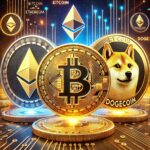 A digital artwork showcasing three prominent cryptocurrencies. Bitcoin is in the center, represented by a shiny gold coin with the Bitcoin "B" symbol. To the left is Ethereum, depicted as a sleek silver diamond-shaped icon, and on the right is Dogecoin, represented by a gold coin featuring the Shiba Inu dog. The coins are arranged on a futuristic glowing background with blockchain-inspired graphics and vibrant digital matrix elements, emphasizing innovation and modernity.