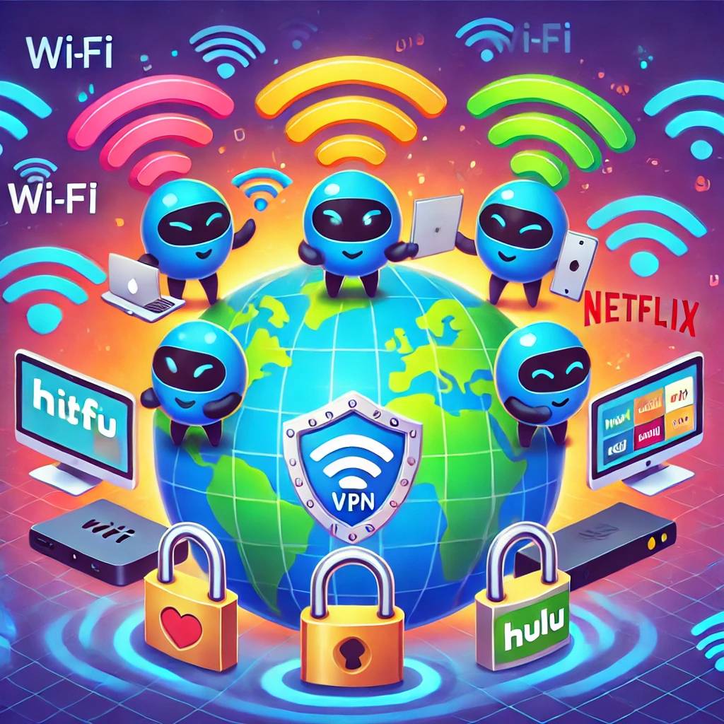 A vibrant cartoon-style illustration featuring five VPN services depicted as characters on a glowing digital globe. Each character holds a device like a smartphone, laptop, or game console. One character is wearing a hat with the Apple TV logo. The scene includes Wi-Fi waves, padlocks symbolizing security, a central shield, and subtle streaming icons like Netflix and Hulu in the background.